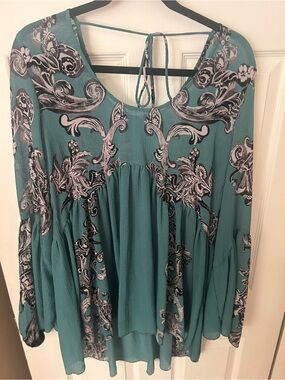 Free People Teal and Black Printed Long-Sleeve Tunic